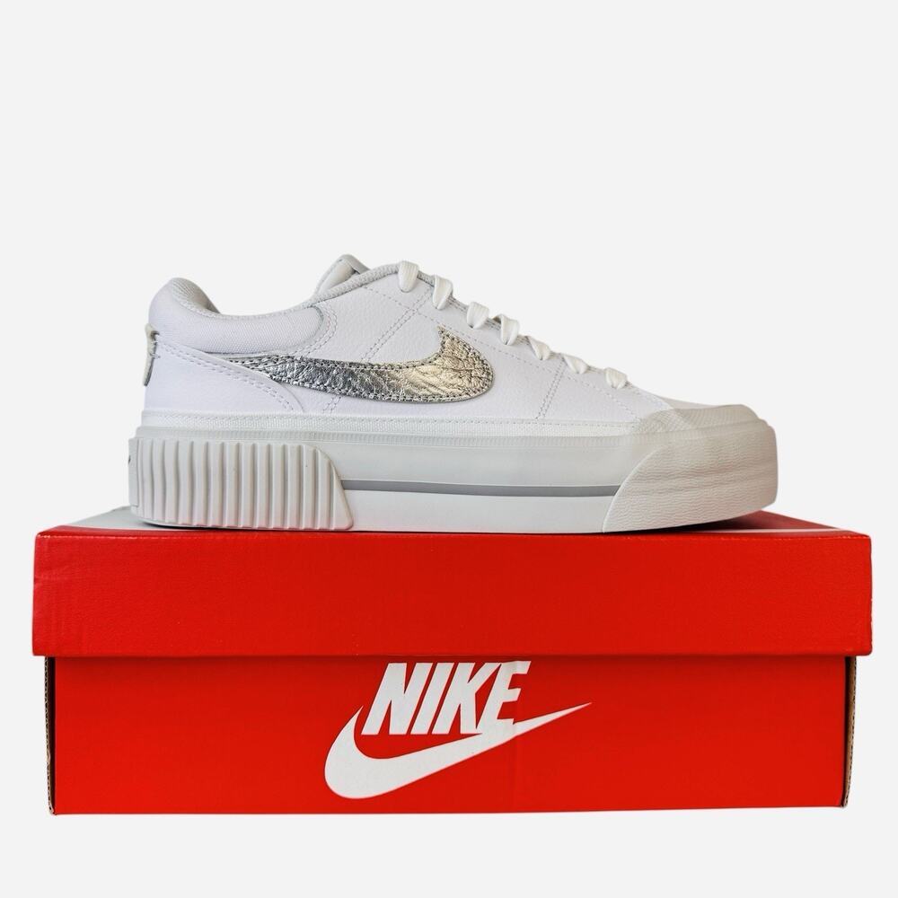 Nike Court Legacy Lift Platform Womens Size 8 White Metallic Silver HQ2307-100